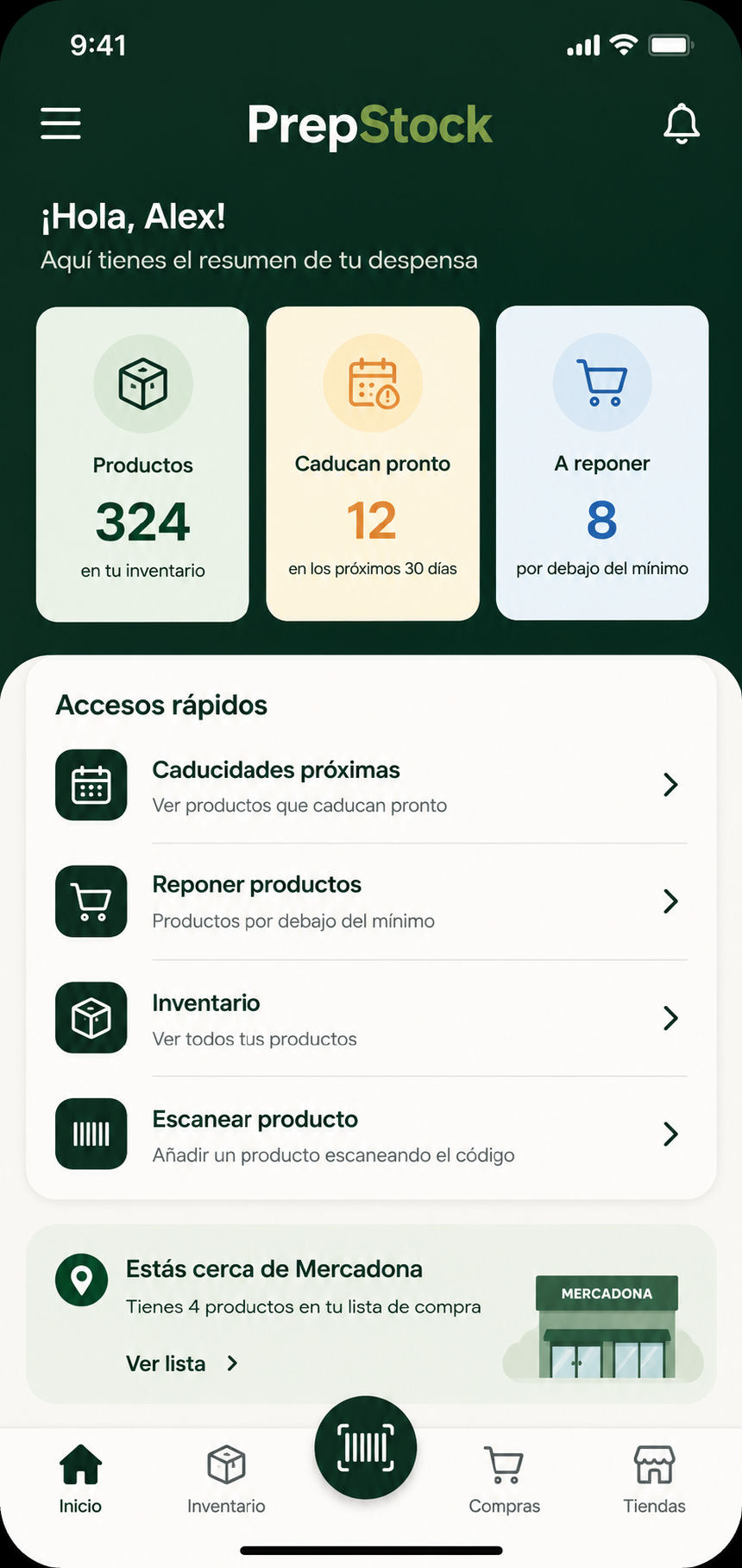 Pantalla principal de PrepStock